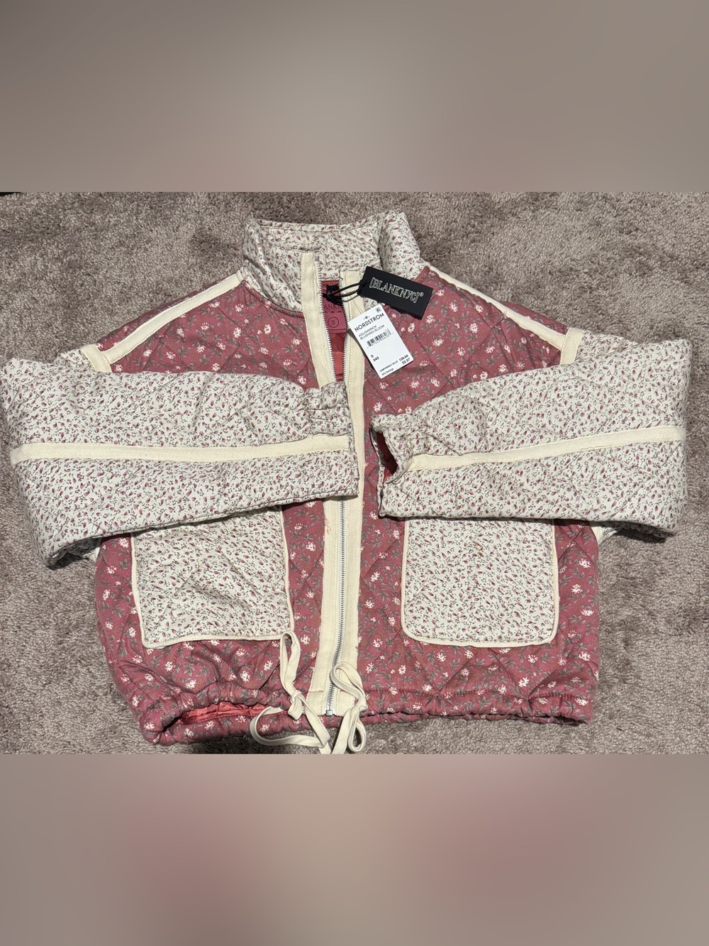 Blank NYC Floral Puffer Jacket in Pink & Cream Size Medium